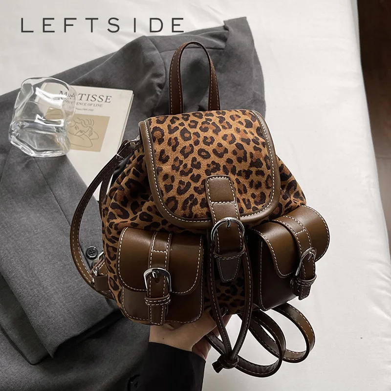 حقائب ظهر نسائية صغيرة من الجلد المخملي بجيوب مزدوجة من Leftside 2025 حقيبة ظهر فاخرة بتصميم الفهد حقائب سفر للطلاب #1