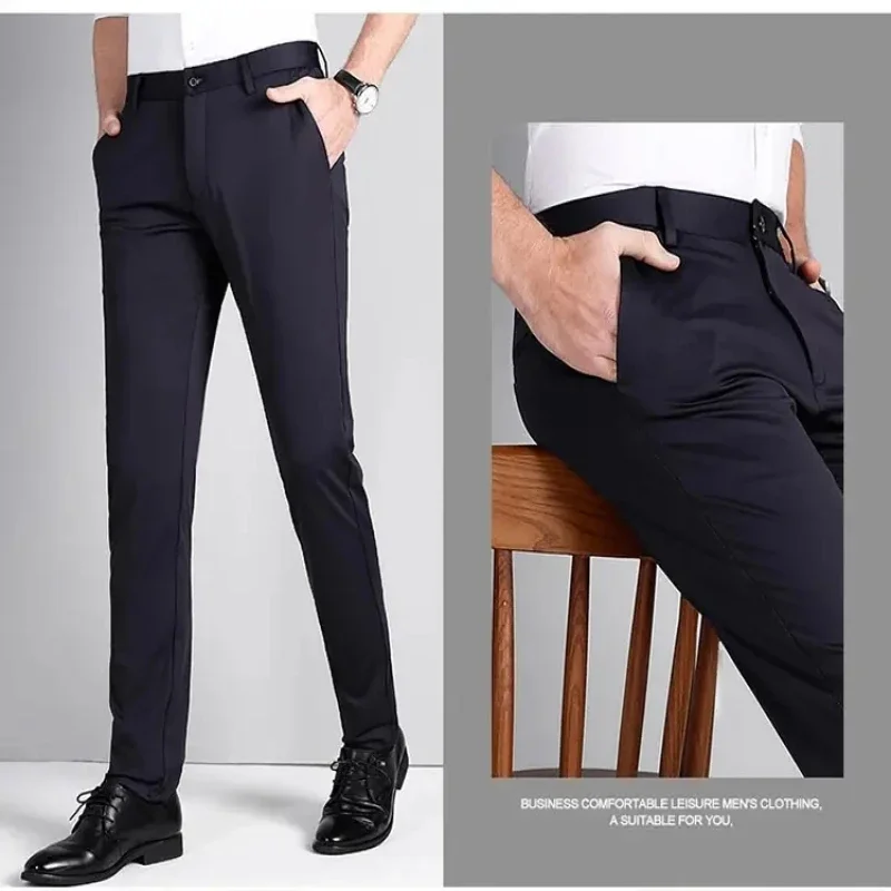 Men\'s Business Casual Long Pants Comfortable Stylish Ice Silk Thin Trousers Suit High Waist Breathable Pants