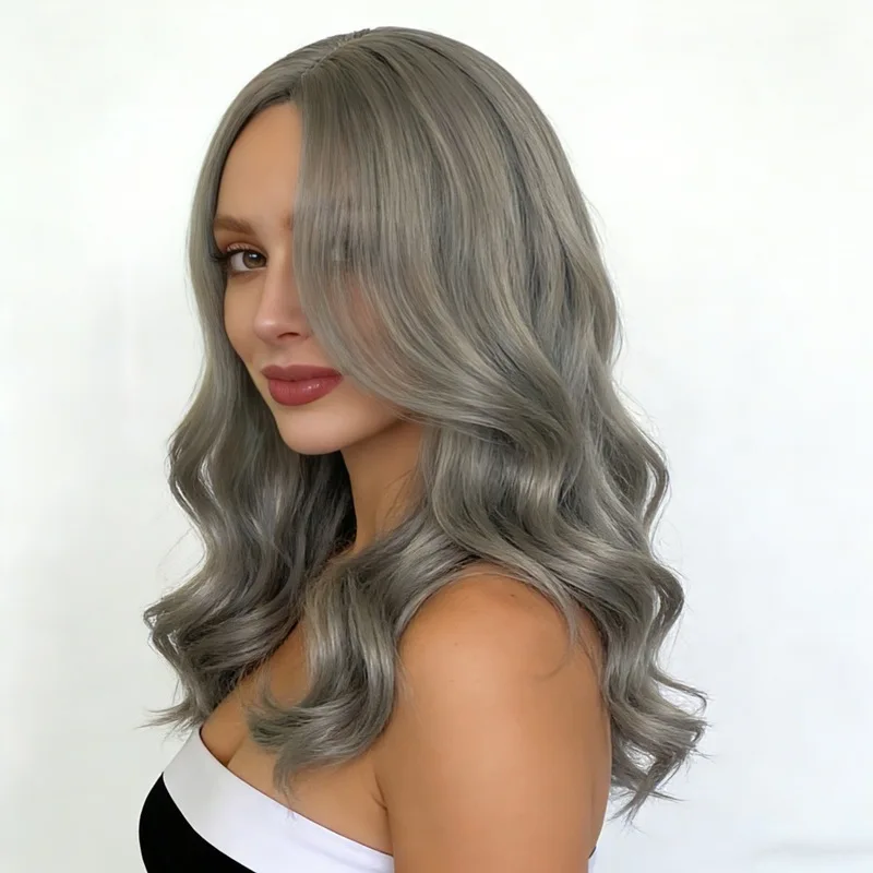 Long Curly Gray Ladies Wig Personalized Fashion Outdoor Party Simulation High Temperature Wire Head-Wearing Synthetic Wig