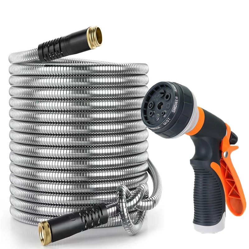 

Садовая металлическая водопроводная труба из нержавеющей стали 25 футов, 8-функциональный регулируемый водяной пистолет, спринклерный шланг, садовые аксессуары