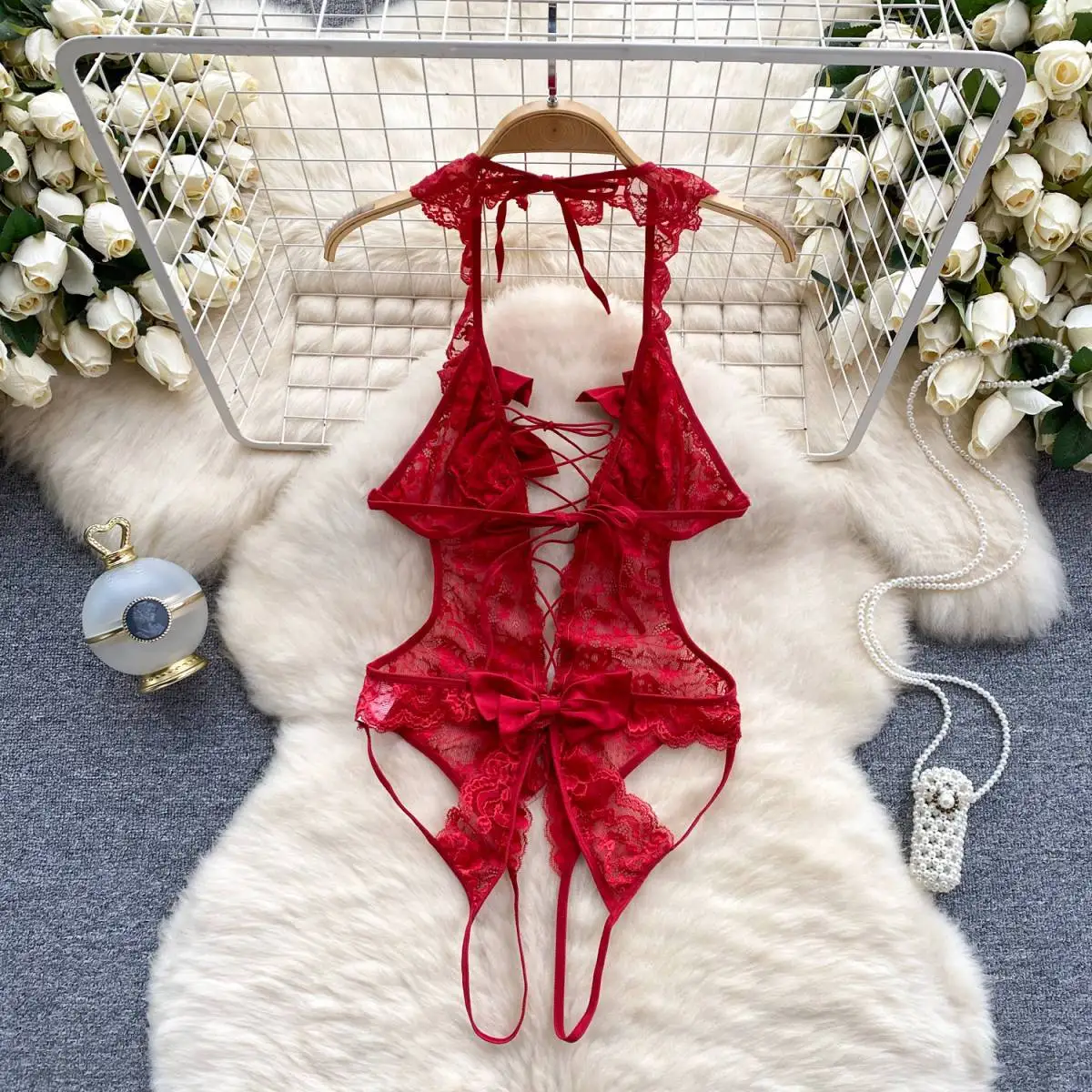 Ruffle Lace Strap Halter Jumpsuit Bow Transparent Backless Hollow Bodysuit Sexy slim Erotic Lingerie Women\'s Pajamas Nightwear