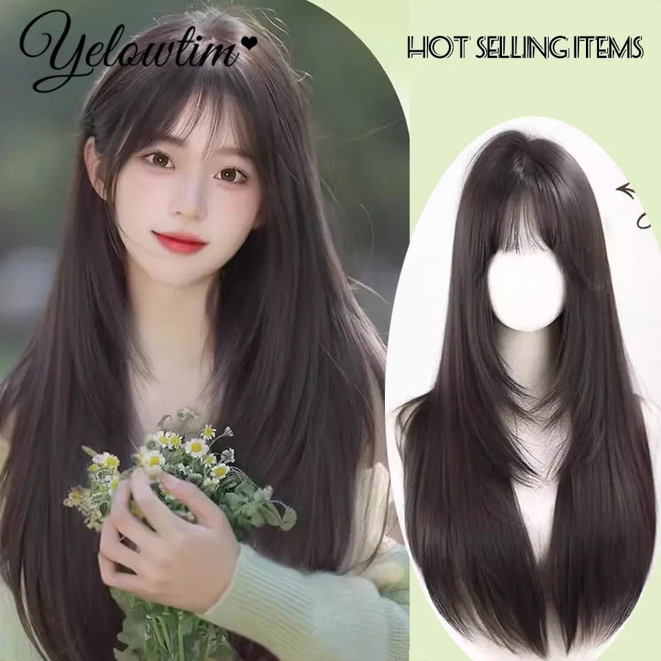 YELOWTIM Synthesis High level natural women's long straight hair wig fashionable natural anti-aging full head cover