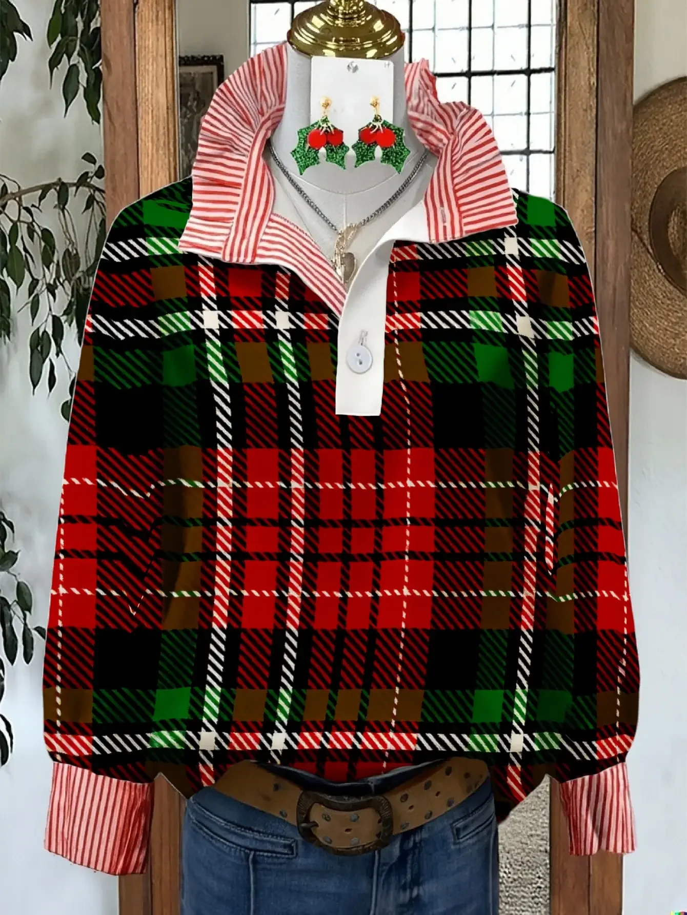 

2026 Ladies' striped casual shirt with multi-color striped collar and Green/red geometric grid print,