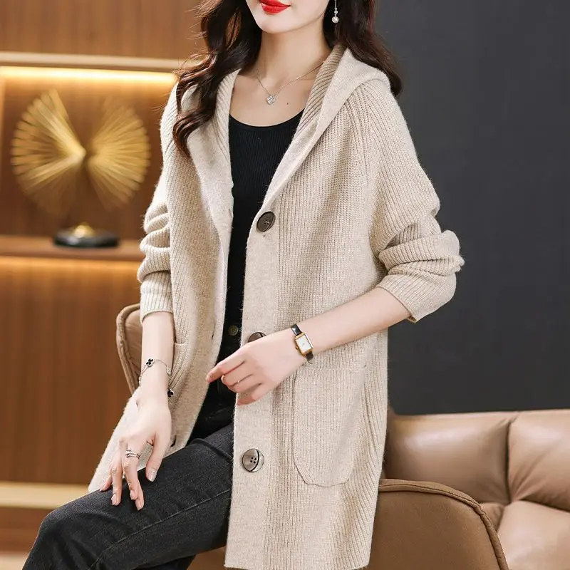 Mid to Long Hooded Knitted Jacket for Women in Autumn and Winter Solid Color Knitted Cardigan Loose Fitting Mother's Sweater