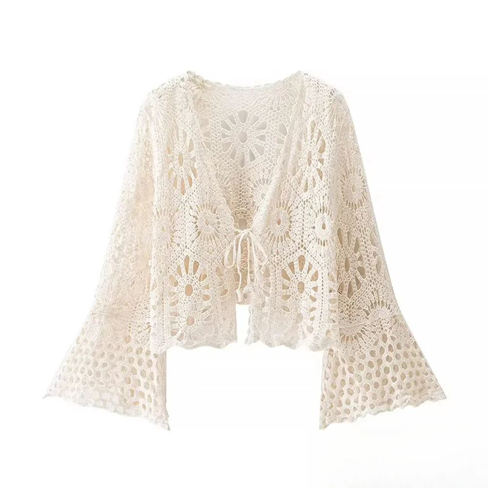 

KONDALA женский винтажный вязаный крючком топ с цветочным принтом в стиле бохо, рубашка с v-образным вырезом, новинка 2025 года, весна/лето-осень, модный праздничный кардиган для пляжной вечеринки