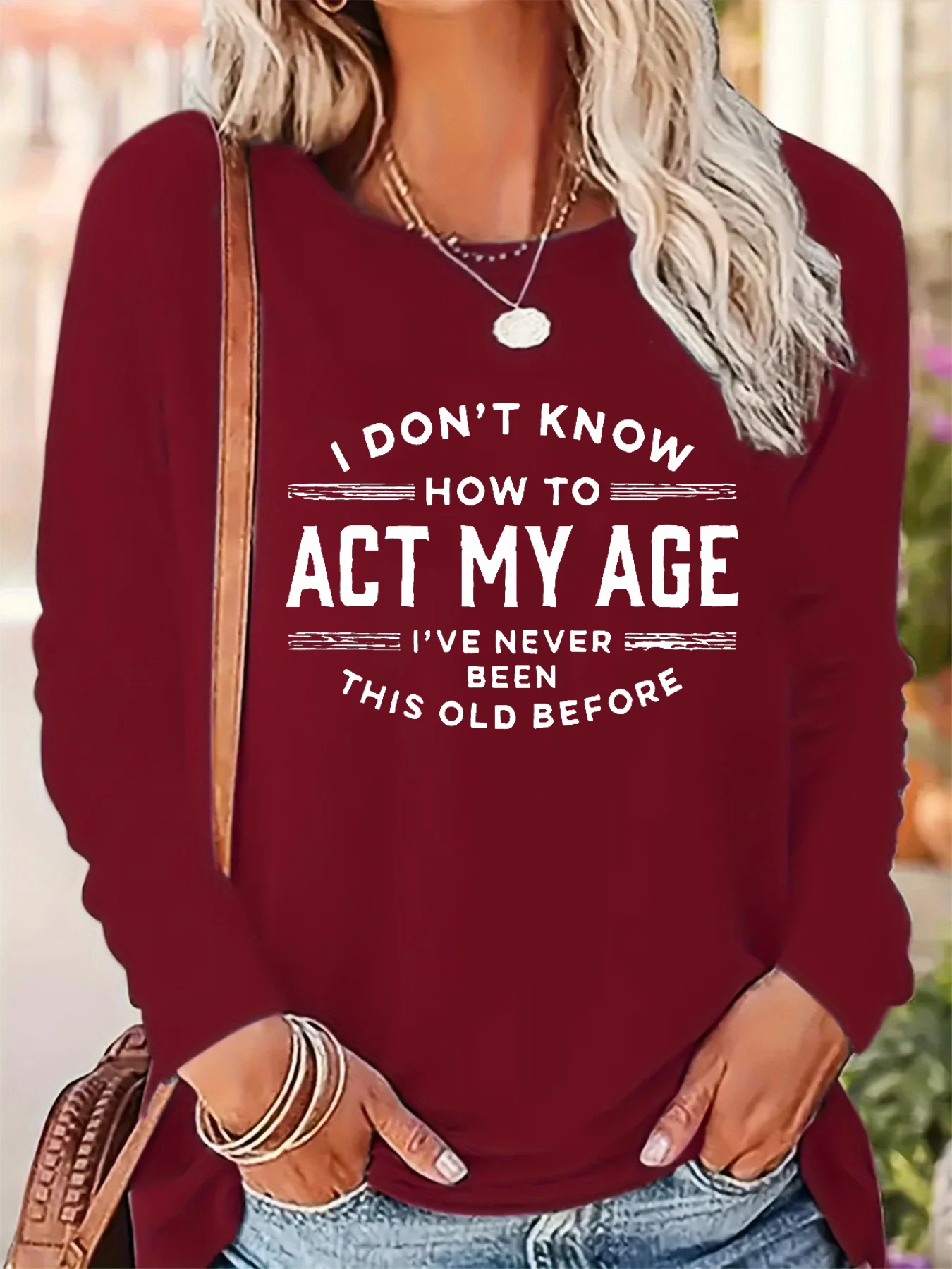 Damska koszulka z długim rękawem, okrągły dekolt, luźny krój, modny wzór z literami, 100% czysta bawełna, idealna na wiosnę i jesień.