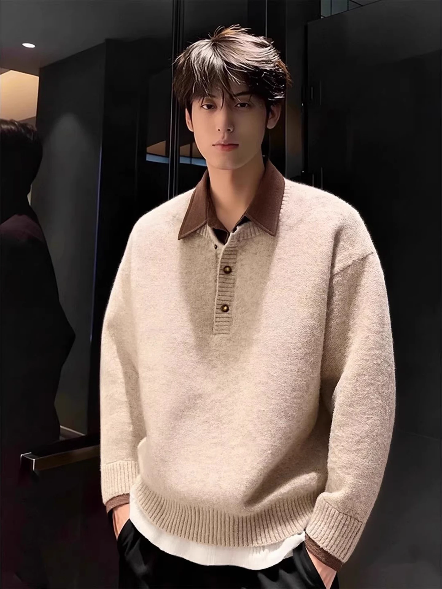 

Khaki Thiened Denim Collar Sweater Men's Winter Layering irt Lazy Inner Wear Casual Loose Fit Long Sve Knitted Top