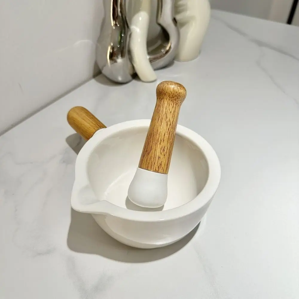 

Manual Ceramic Masher Mortar with Pestle with Wood Handle Efficient Grinding Pottery Grinding Bowl Comfortable Grip