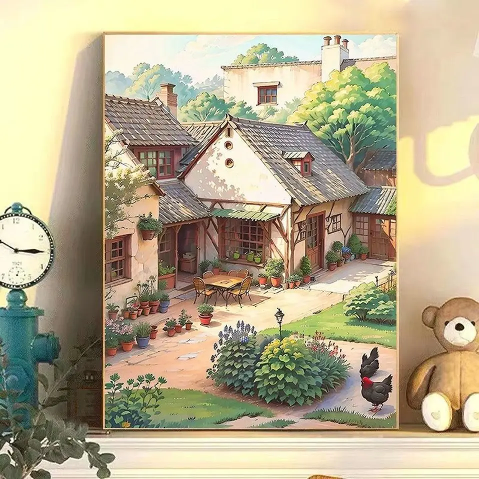 1set DIY digital oil painting, hand filled countryside retro courtyard oil painting, stress relieving healing painting