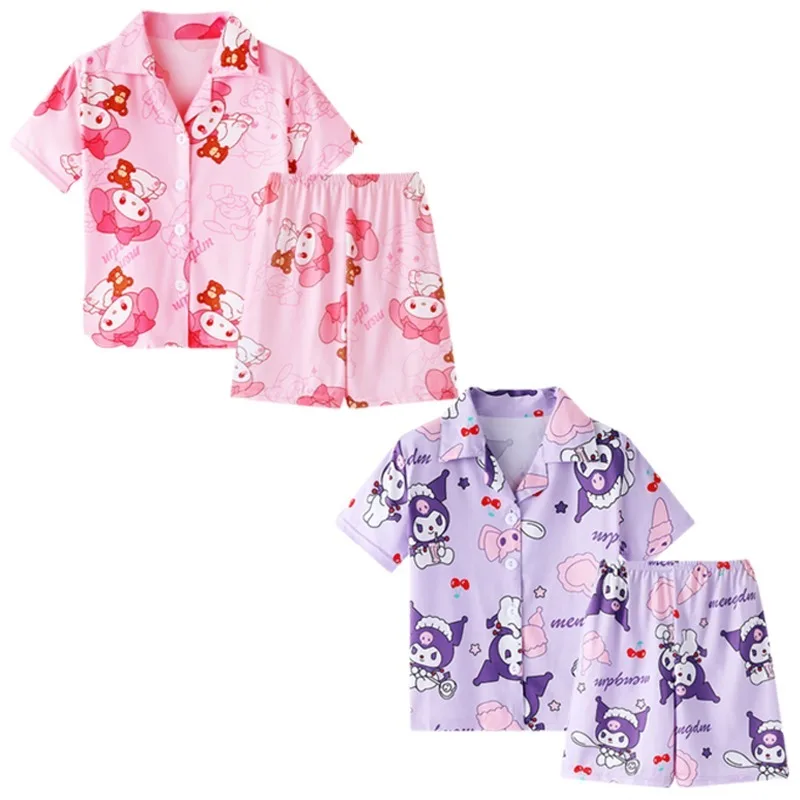 Пижамный комплект для мальчиков и девочек, тонкая Милая рубашка с отложным воротником и короткими рукавами, топ и шорты с принтом аниме My Melody Kuromi, милая Домашняя одежда, детский подарок