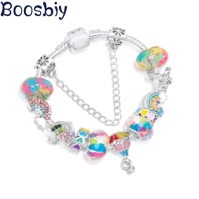 Rainbow & Flower Beads With Colorful Hot Air Balloon Pendent Chain DIY Brand Charm Bracelet Jewelry For Women Making Gift New