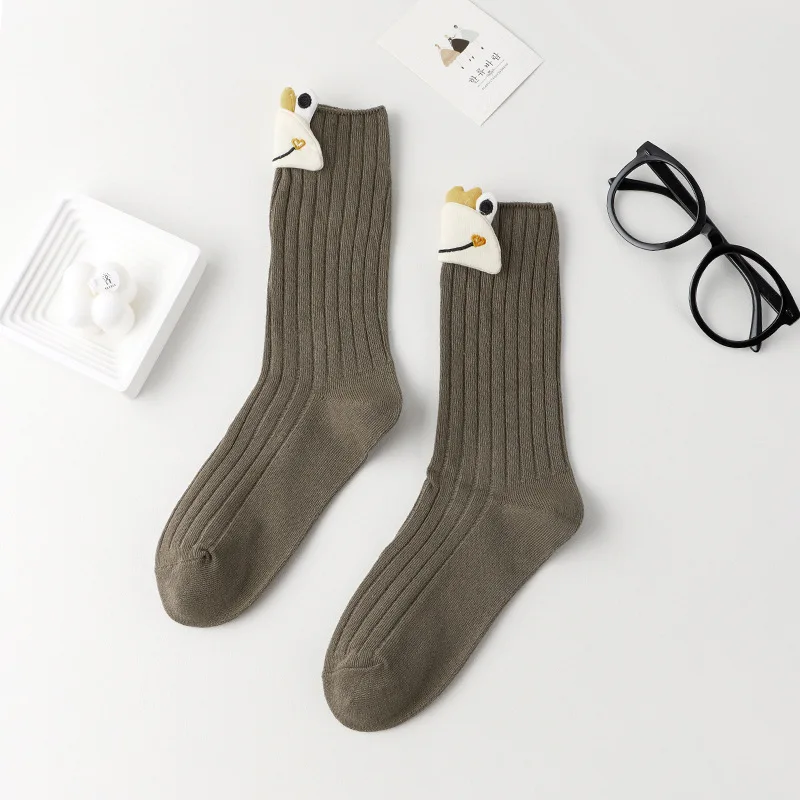 Women Cotton Socks Cute Cartoon Frog Middle Tube Casual Autumn Winter Breathable Socks Kawaii Solid Color Harajuku Female Socks image 5