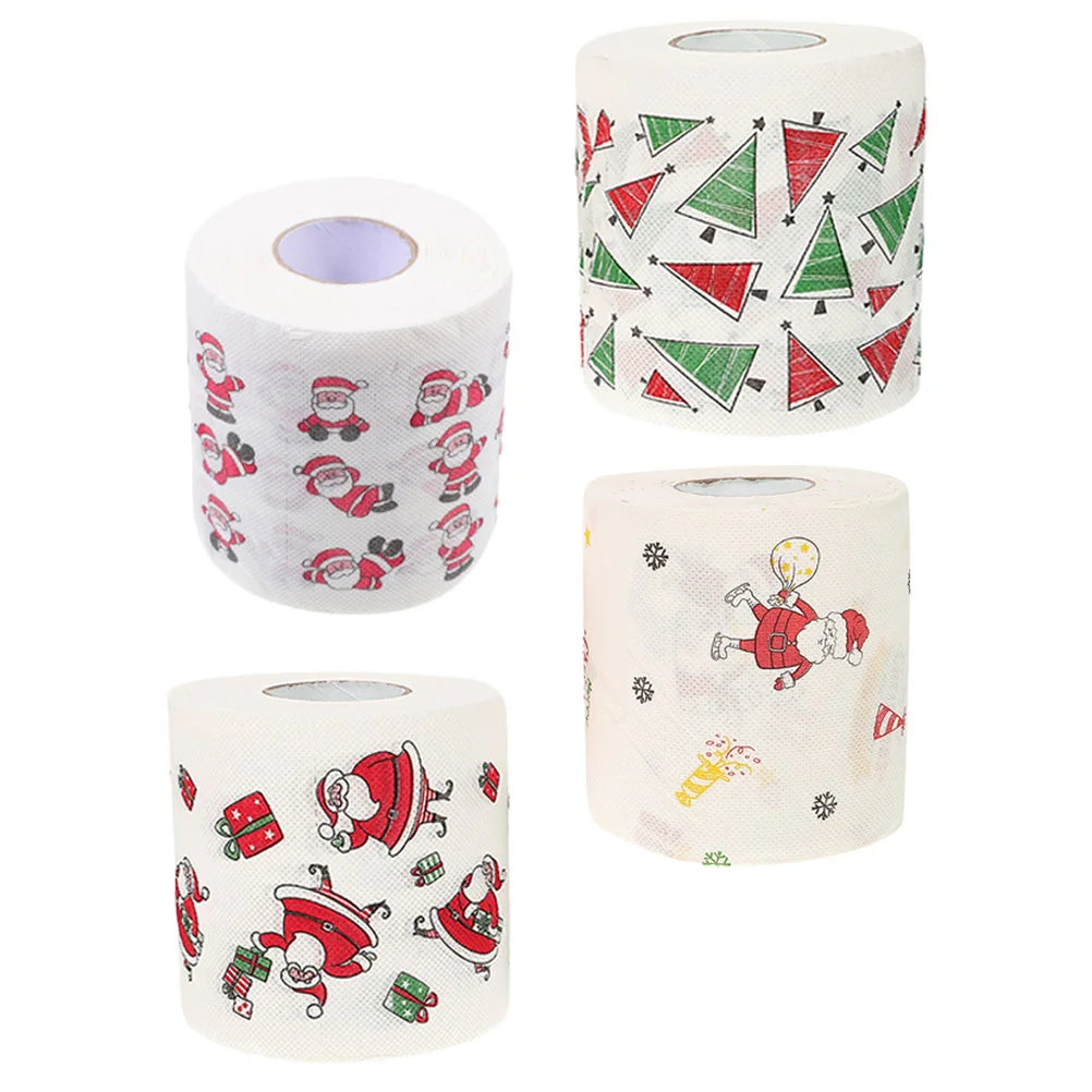 4 rollos de papel higiénico con patrón navideño, pañuelos de baño impresos, servilleta para el almuerzo, impresión navideña