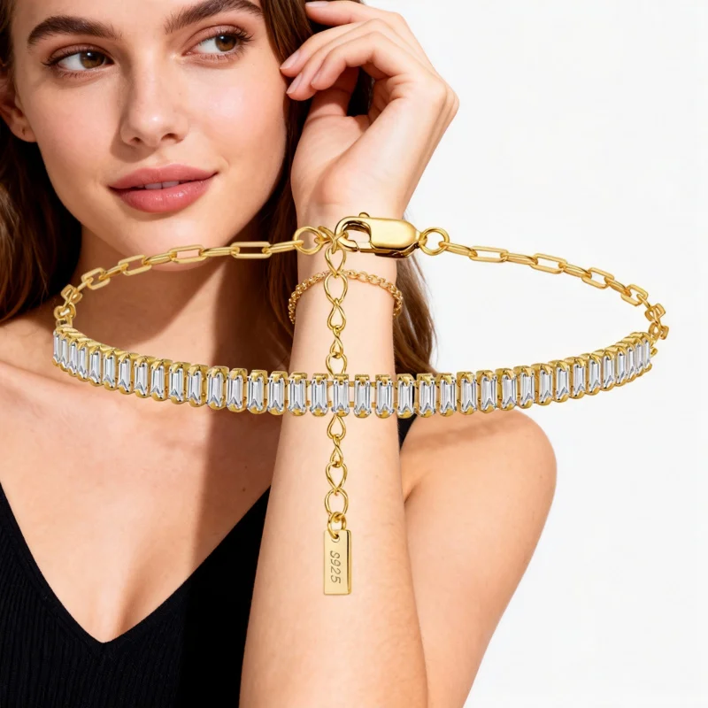 

S925 Sterling Silver Tennis Bracelet, Paper Clip Chain - Elegant Sparkling Bracelet for Women