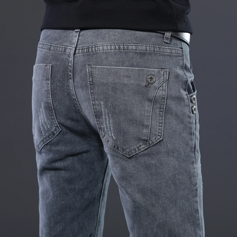 

Nice Pop Korean Style Men Jeans Grey Slim Skinny Man Biker Jeans Scratch Designer Stretch Fashion Casual Pants Pencils Trousers