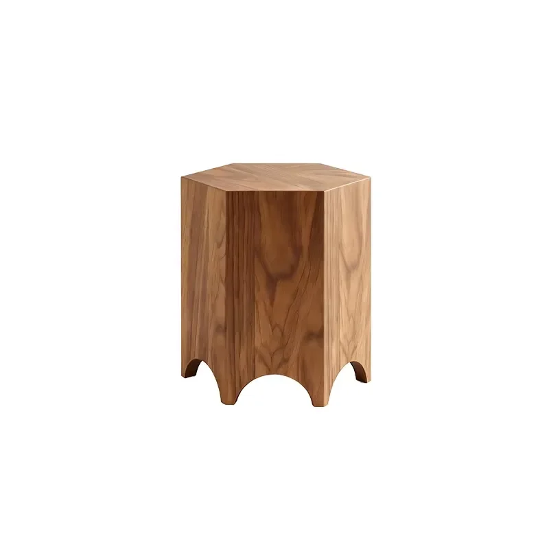 Modern Hexagonal Solid Wood Side Table Minimalist Wooden End Table with Arched Base for Living Room Decor