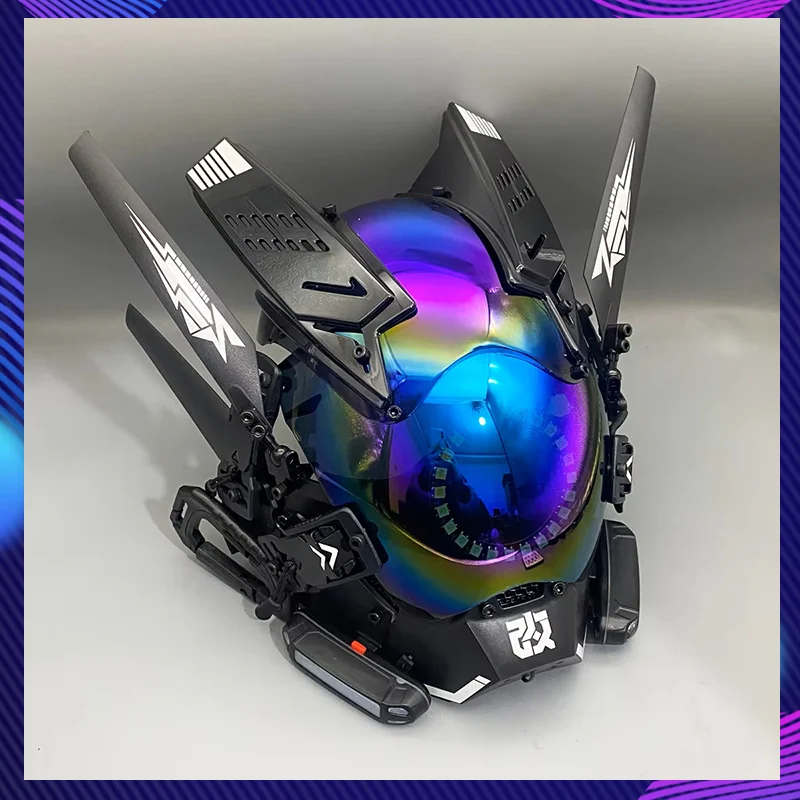Cyber Punk Mask Cosplay Mech Warrior Mask Costumes With Colorful Light Circle Halloween Carnival Party Bar Photography Props