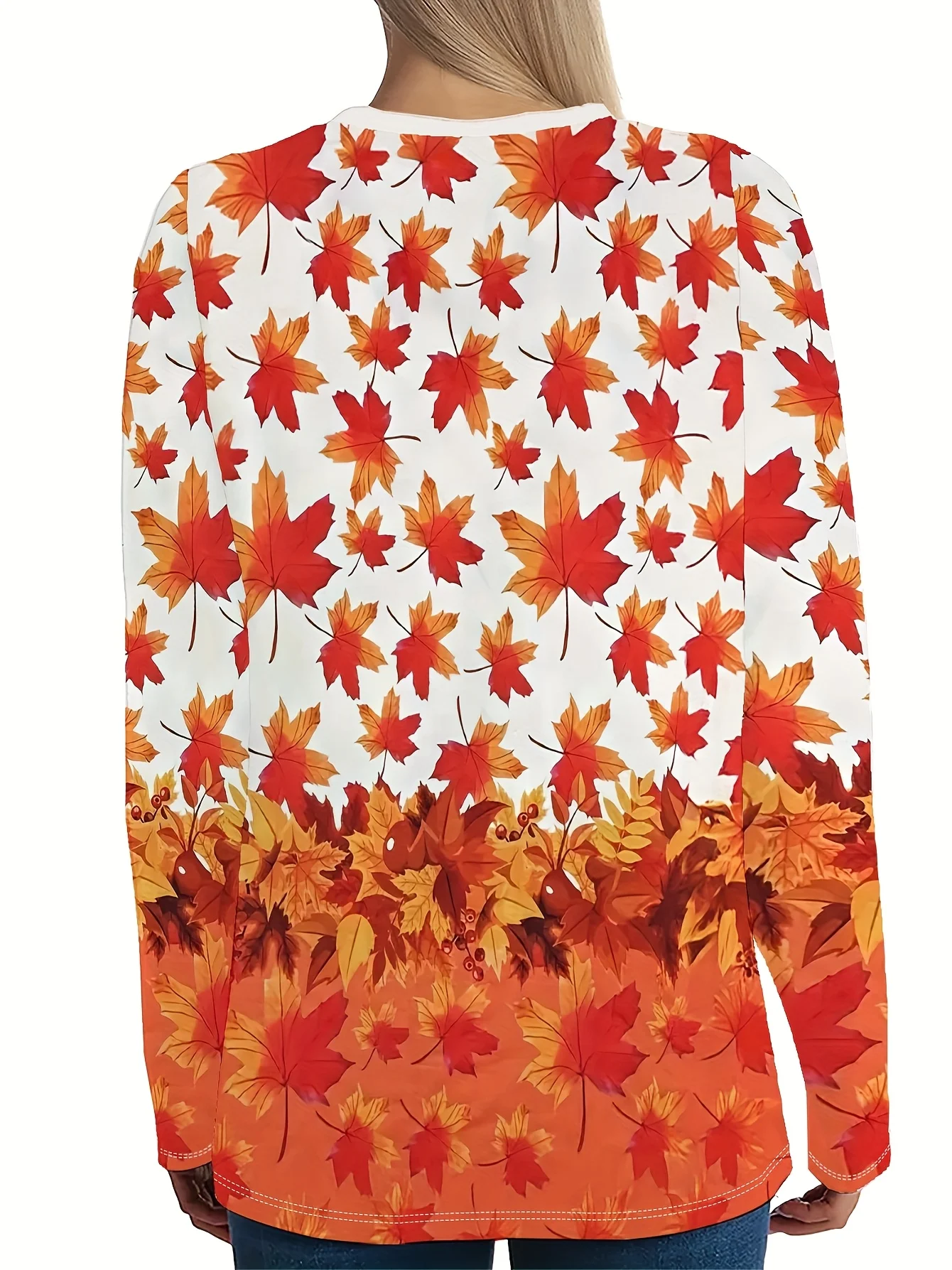 Women's Long Sleeve T-Shirt, Autumn Maple Leaf Print Top With Red And Orange Leaves On White Background, All-Winter Holiday Style Top Suitable For Leisure And Sports Scenarios