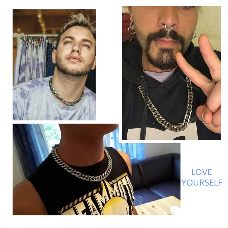 Miami Cuban Chains For Men Hip Hop Jewelry Wholesale Silver Color Thick Stainless Steel Big Chunky Necklace 13mm/16mm/19mm/21mm