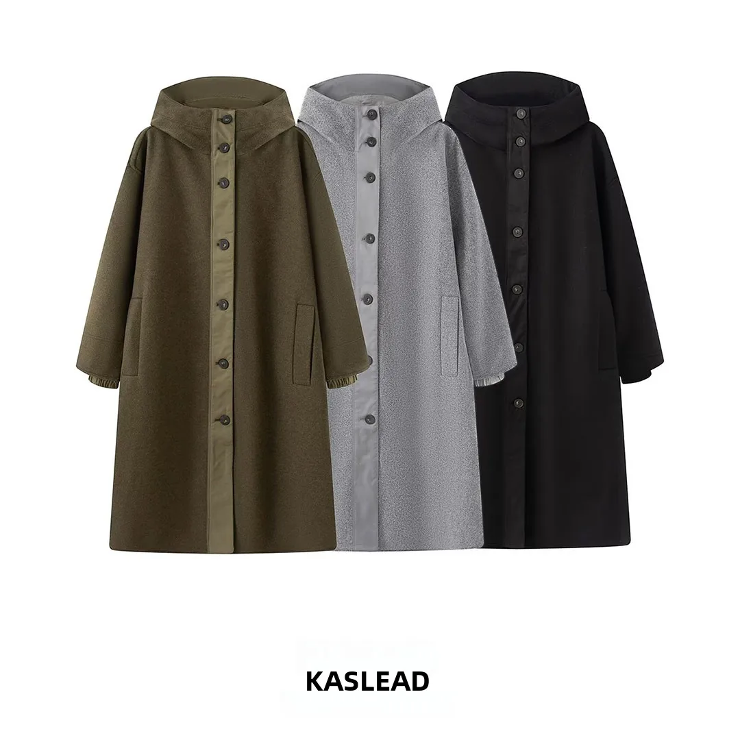KASLEAD New Women's Fashionable Hooded Mixed Media Parka Coat Thickened Long Sleeve Single Button Closure Polyester Fiber