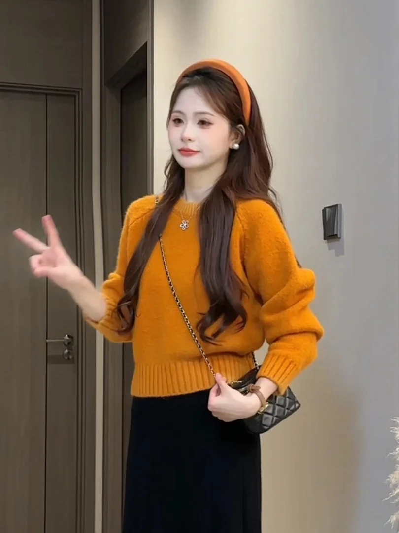 سترة نسائية من Retro Enn Round Ne ort متماسكة لطيفة كورية بسيطة للخريف والشتاء مطابقة الجزء العلوي من الجسم