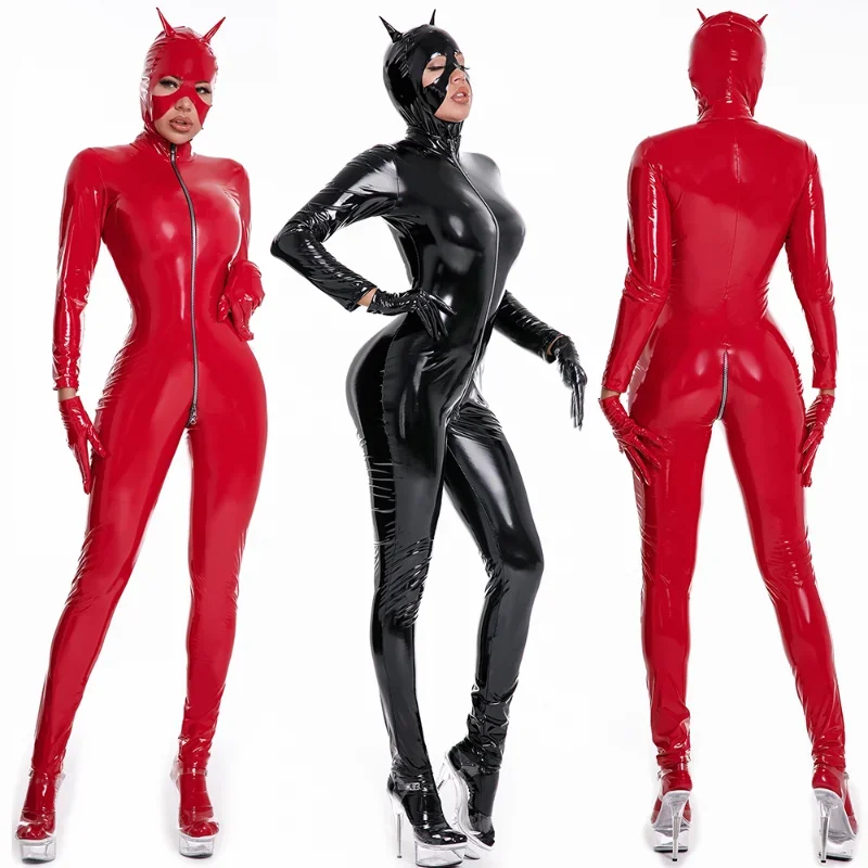 Wet look full body women latex catsuit costumes mask gloves socks kit zip-around long sleeve open crop PVC leather jumpsuit