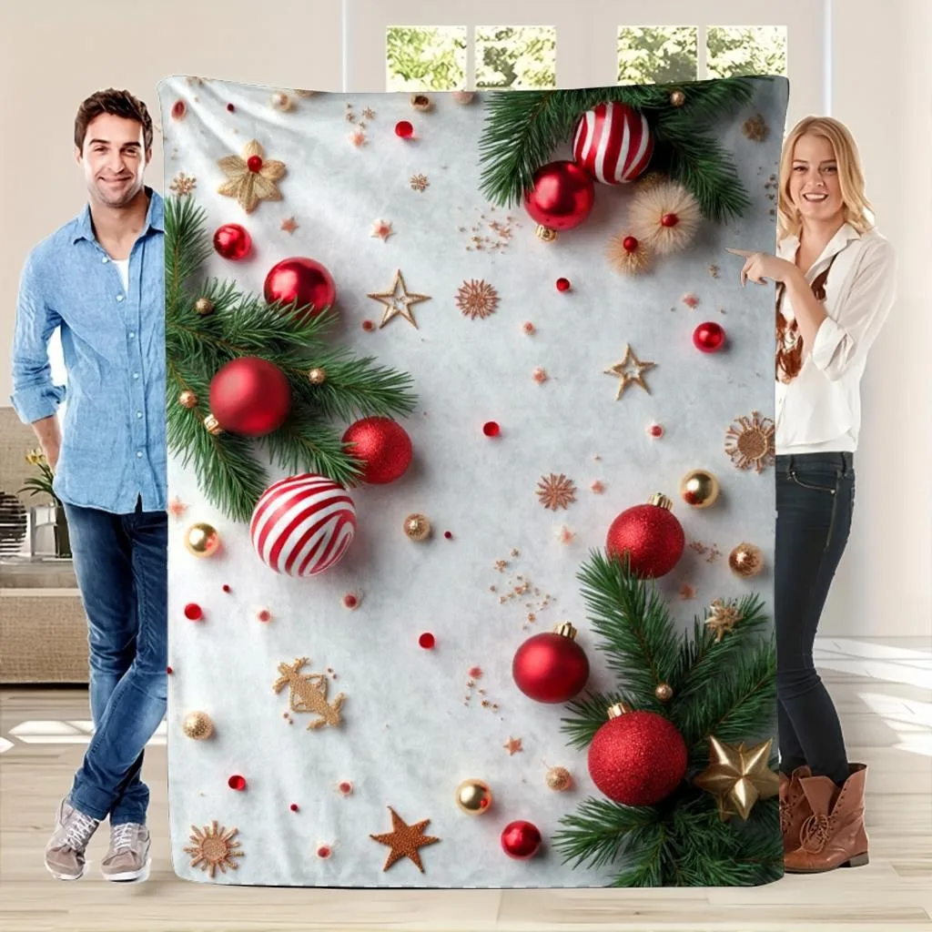 Warm red, white, and gold Christmas tree decorative flannel blanket, suitable for all seasons, sofa, bed, car, and camping.