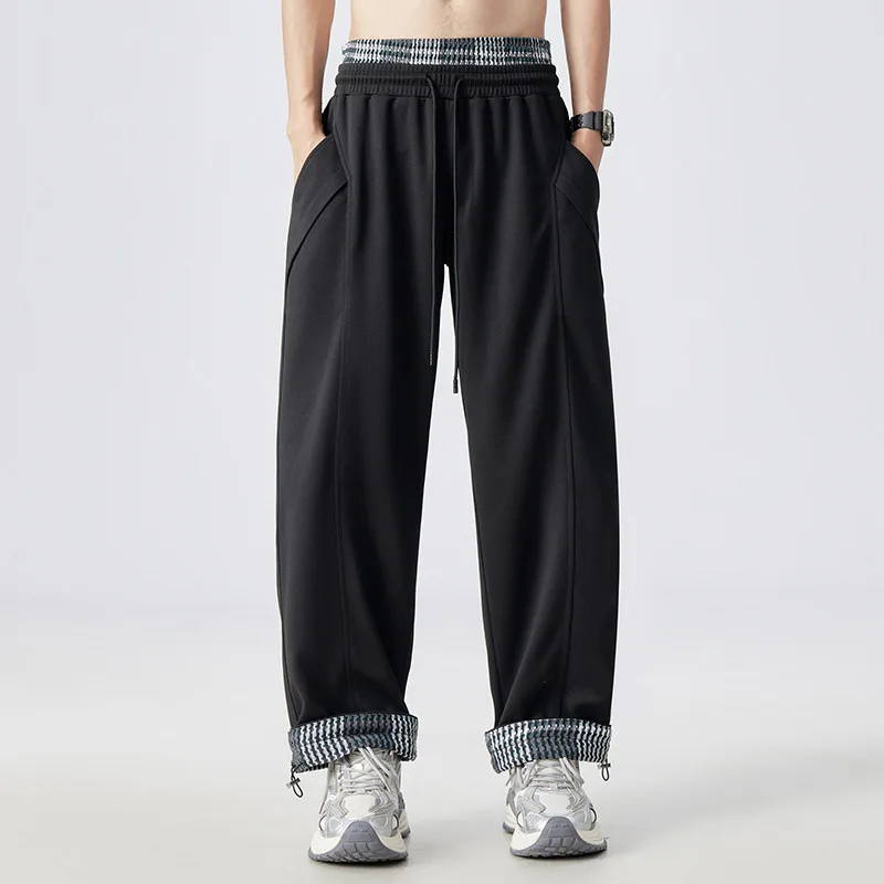 

Большой размер, клетчатые прямые брюки со шнурками, повседневные брюки для мужчин, модные лоскутные уличные брюки из полиэфирного волокна