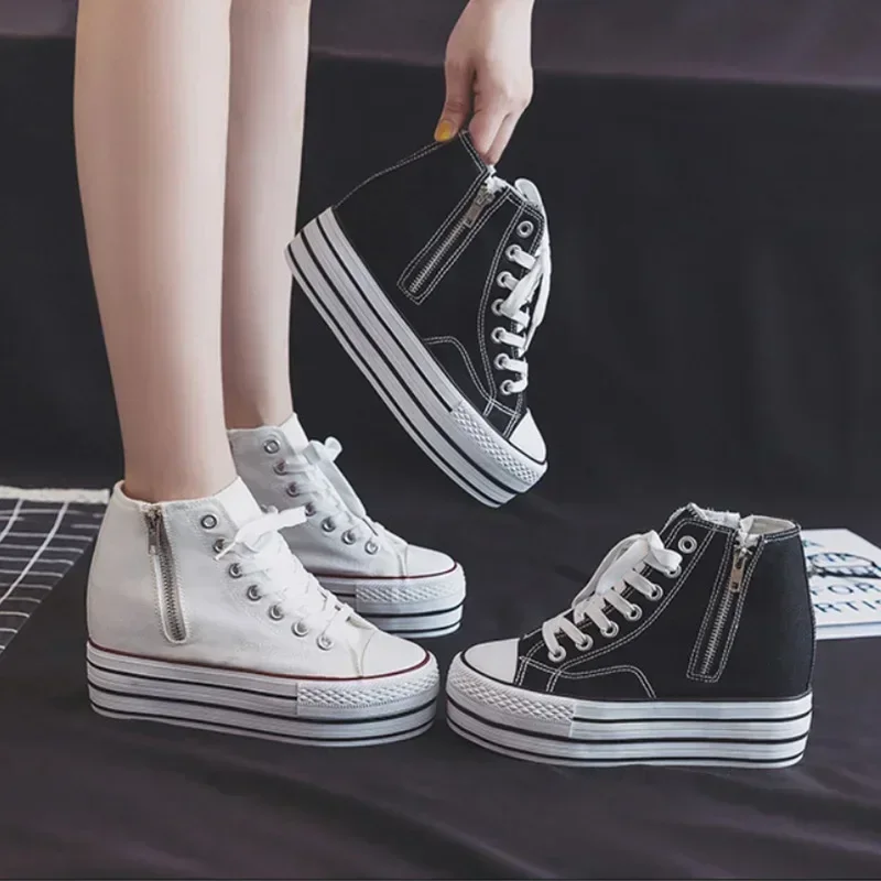 

10cm Womens Canvas Shoes Inner Height Increase Zipper Platform Sneakers Fashion Designer Casual Shoes for Women Zapatillas Mujer