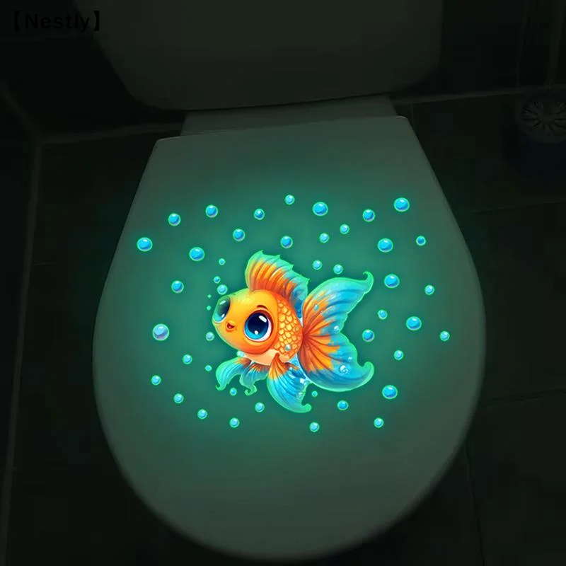 Glow-in-the-Dark Goldfish Bubble Toilet Sticker Creative Self-Adhesive Removable Bathroom Decora Wall Windows Car Stickers〔Nest〕