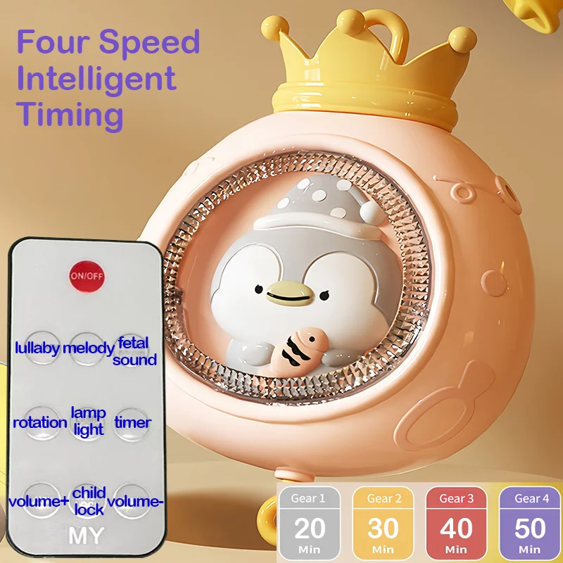 360° Penguin Musical Projection Baby Crib Mobile Rotating Soft Light Bed Bell Toy Four Speed Timming Infant Rattle Bedside Gift