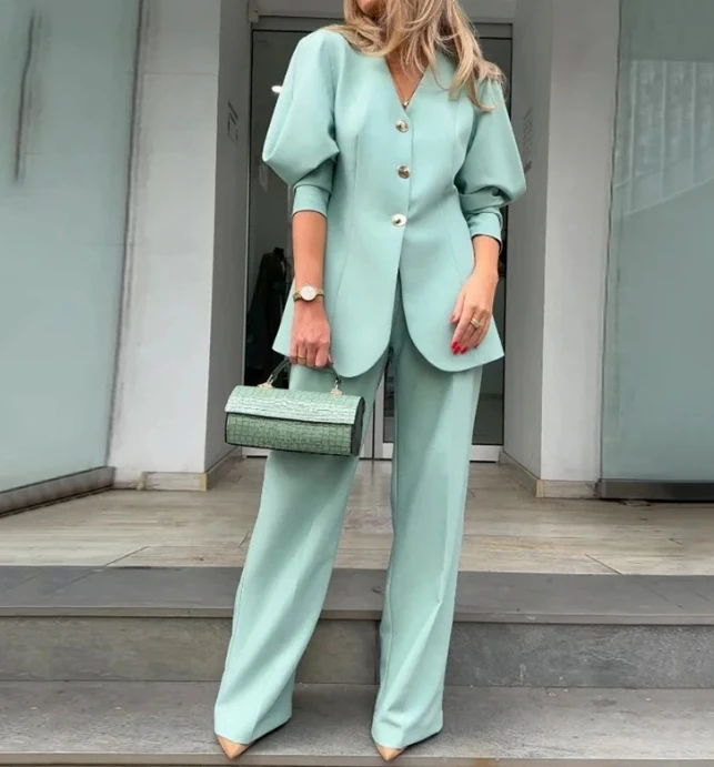 

Women's Fashion Lantern Sleeves Loose Suit Coat & Pants Set Temperament Commuting 2024 Spring New Women Elegant Blazer Sets