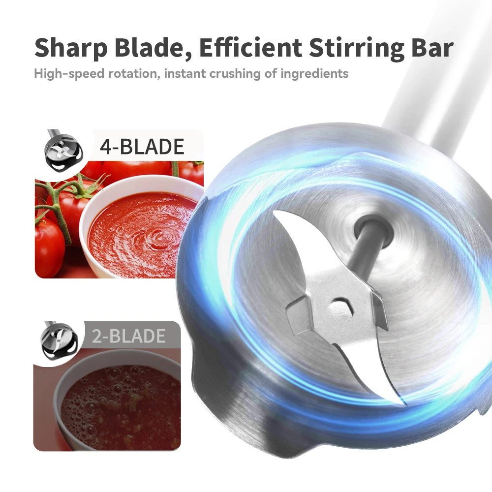 خلاط غمر يدوي 4 في 1، خلاط طعام قوي من الفولاذ المقاوم للصدأ، كوب خلط 700 مل، معالج 500 مل، خفق