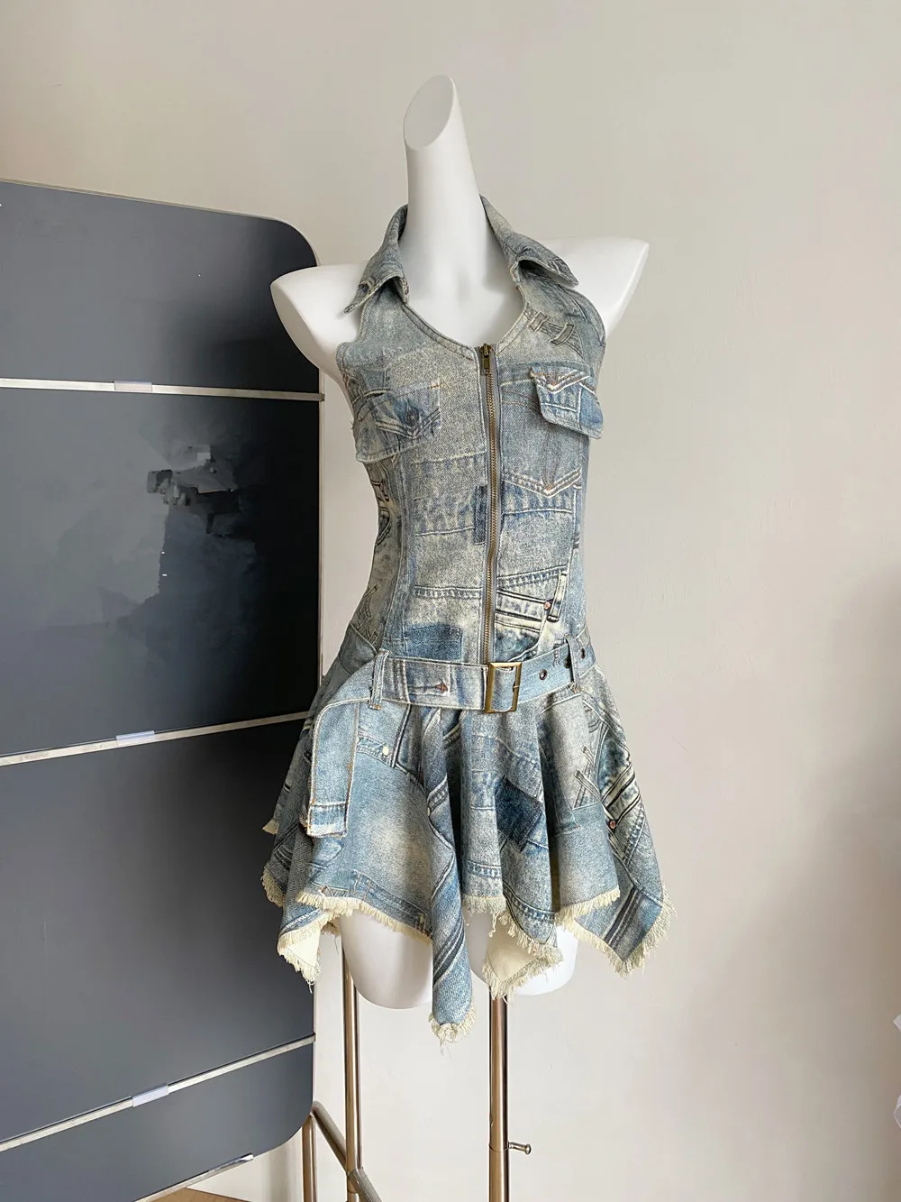 

Irregular Fringed Halter Denim Dress Belt Cinched Slim Fit Cowboy Women Vest Short Dresses Streetwear Clothes Summer 2025