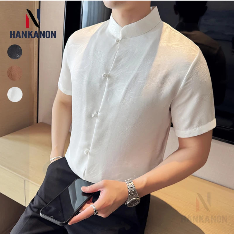 Chinese-style Tang Suit with Stand Collar and Button-down Short Sleeves, Printed Black Slim-fit Short-sleeved Shirt. Tang Suit