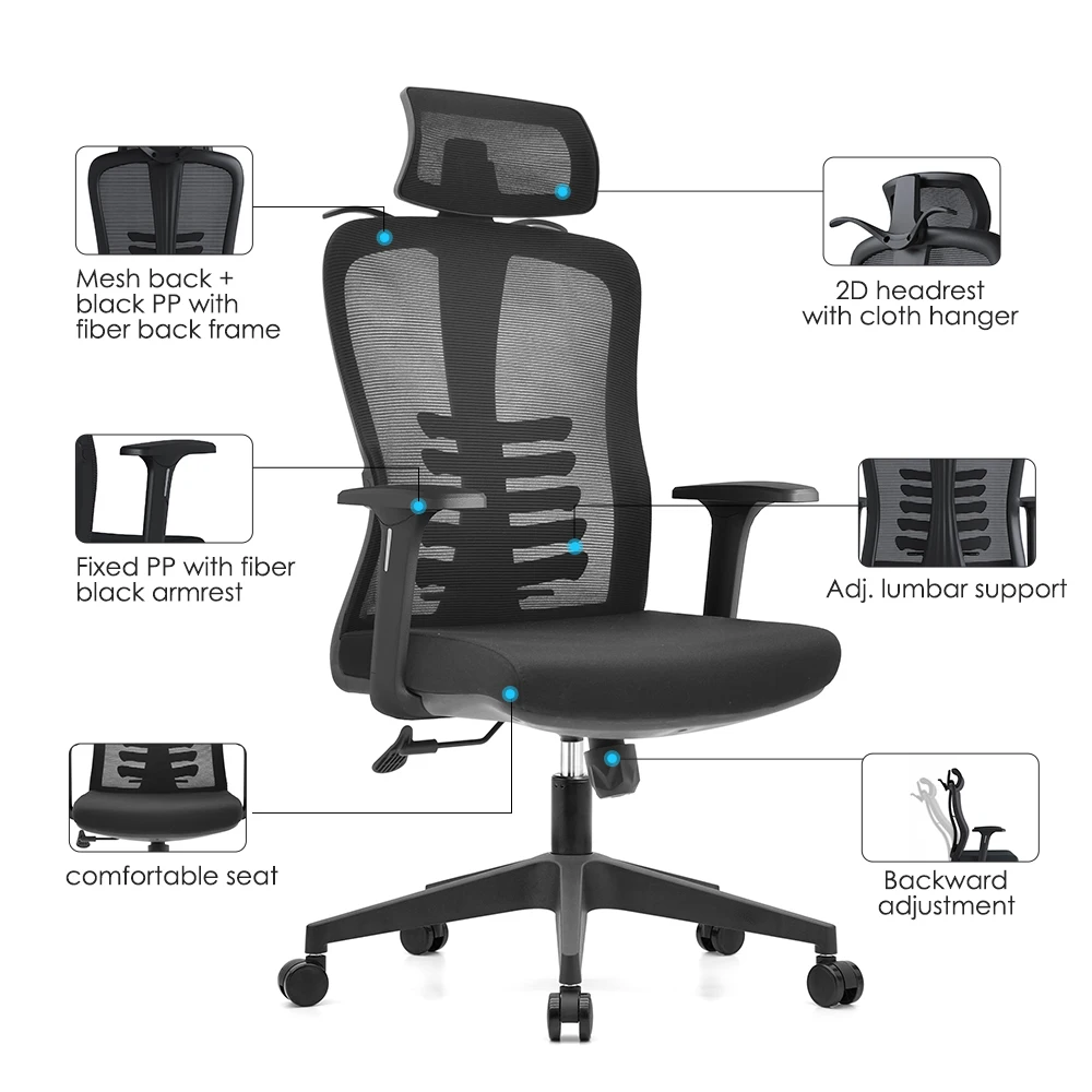 Cadeiras De Escritorio China Comfortable Adjustable Spine Support Fix Arm Swivel Desk Chair Ergonomic Black Mesh Office Chair