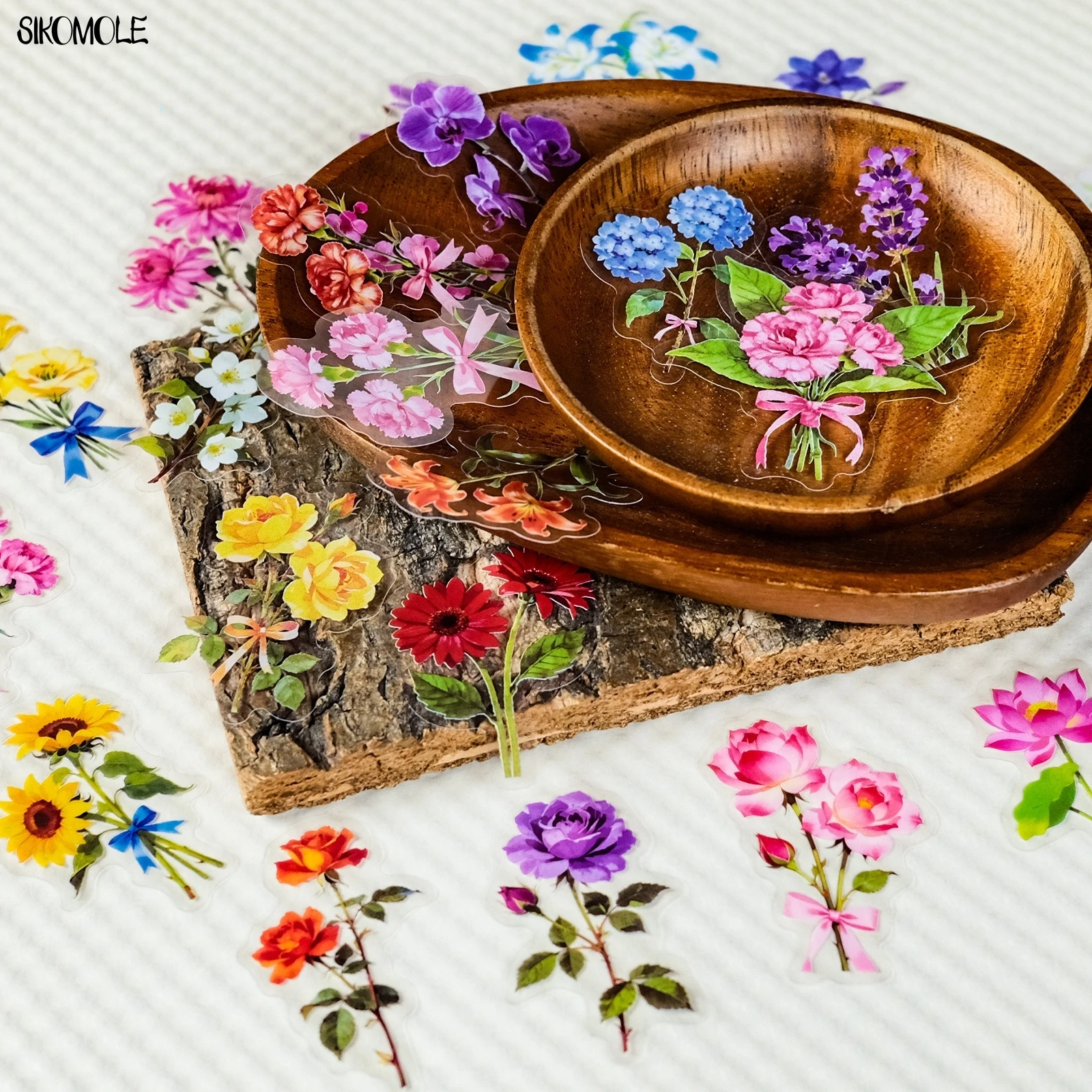 56pcs Transparent Cartoon Colorful Flower Graffiti Stickers Pack Waterproof PET Bookkeeping Material Decorative Notebook Sticker