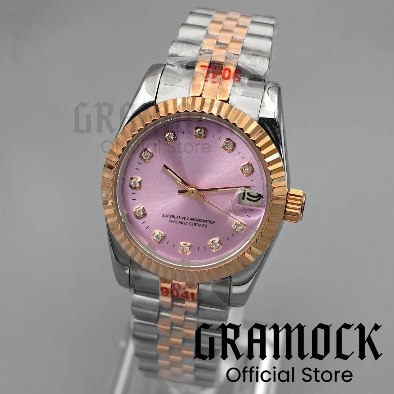 

Gramock Luxury 31mm Rose Gold NH15A Mechanical Wristwatch Pink Dial Tracking Line Index Sapphire Glass Steel Diver Lady Watches