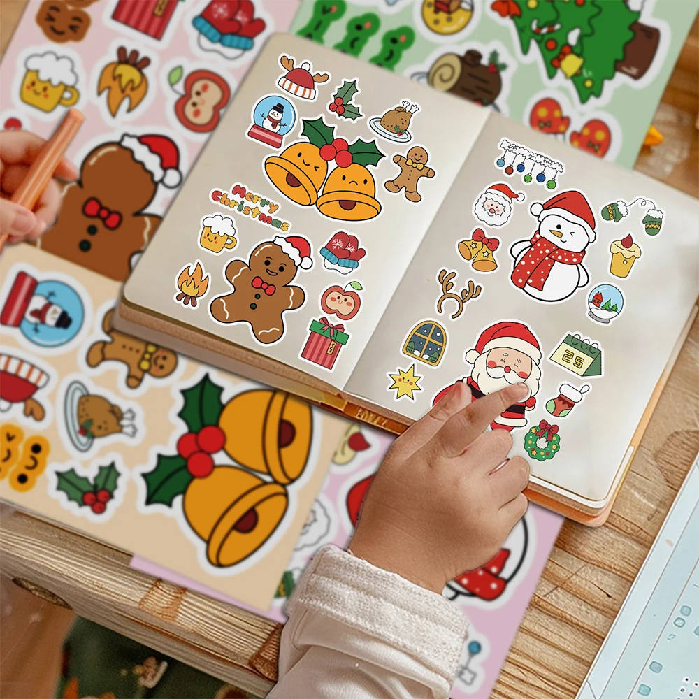 8/16 fogli simpatico cartone animato di Natale per bambini adesivi puzzle fai una faccia fai da te gioco per feste per bambini decalcomanie assemblare puzzle giocattolo educativo