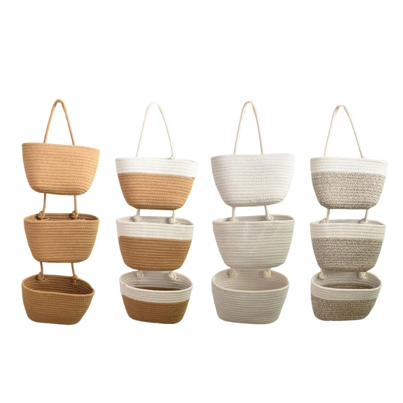 

E8BD Stylish Cotton Rope 3 Layer Storage Hanging Basket for Easy Access Organization