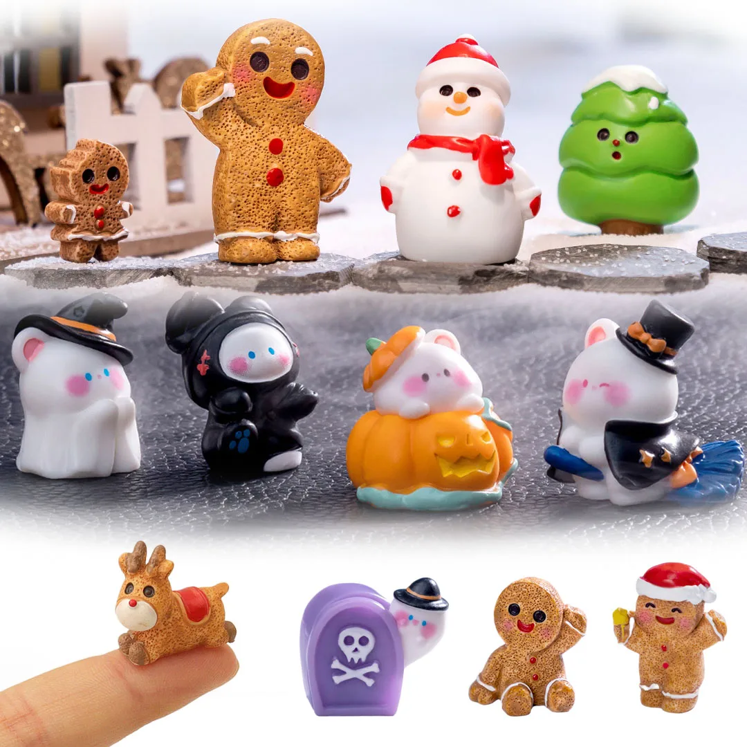 2~5pcs Mini Ornament Resin Halloween Pumpkin Ghost Christmas Gingerbread Man Cartoon Cute Festival Party DIY Decoration TMZ