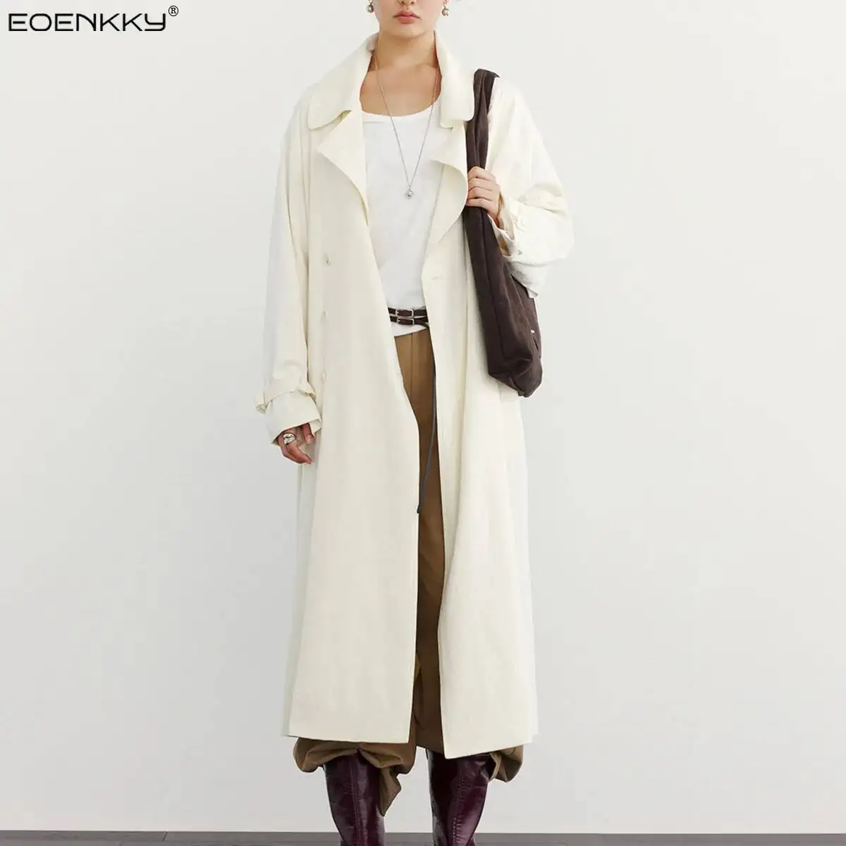 

EOENKKY Loose-fitting Sleeve Pure Color Collar Double-breasted Long Coat Women 2025 Spring Season Long Style Windbreaker Jacket