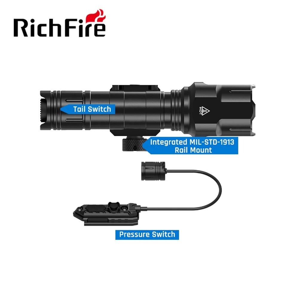 Richfire 18650 Tactical Flashlight 1200LM 6500K Weapon Light with Mlok System Remote Pressure Switch for Picatinny Rail