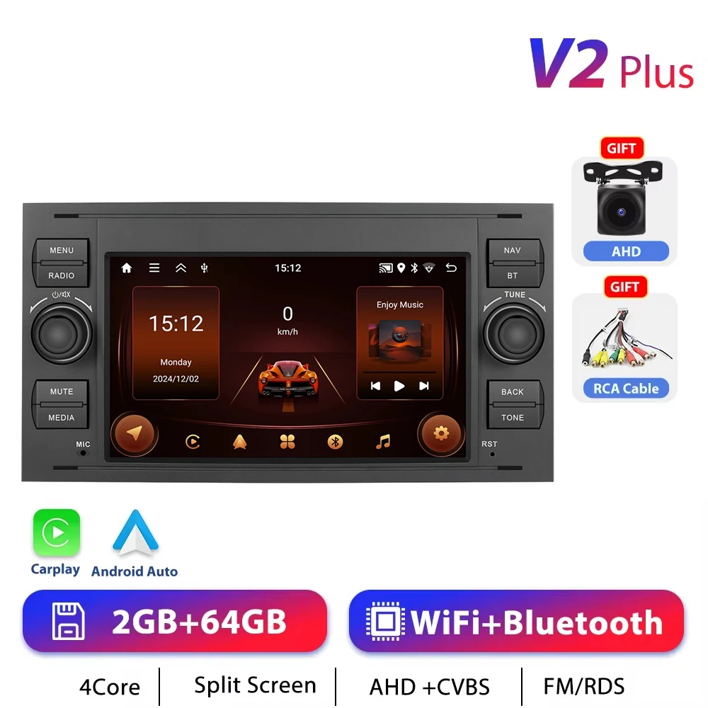 Podofo 7 "Autoradio Draadloze CarPlay Android Radio Voor Ford Focus/Mondeo/S-Max Transit/Kuga Connect Multimedia GPS RDS Autoradio