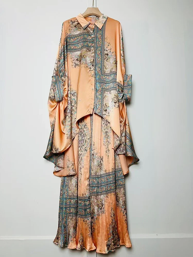 2023 sommer frauen Retro Geometrische Gedruckt Unregelmäßige Lose Hemd Set mit Elastische Taille und Breite Bein Hosen Mode Set