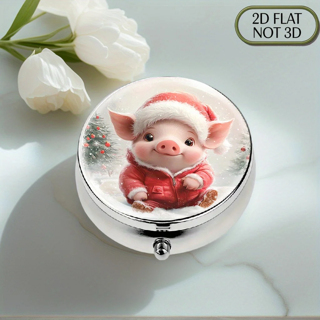1pc flat portable round metal pill box, designed with a cute baby pig motif, has a festive atmosphere, used for organizing vitamins and medication, perfect for travel use, elegant enough to be given as a gift to loved ones, especially during Father's Day this summer