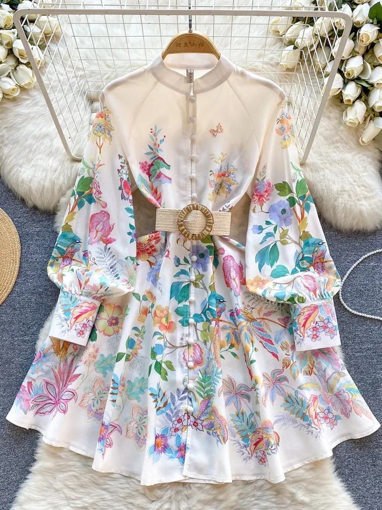 

Fashion Vintage Women Short Party Dress Female Palace Attire Female Long Sleeve Printed Dresses Woman Elegant Holiday Rober