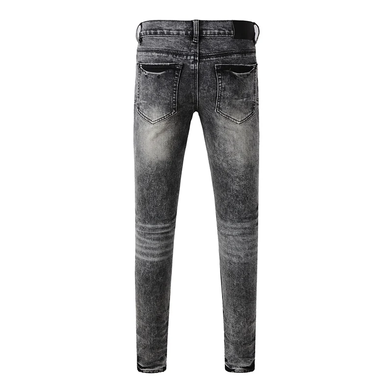 Men's Gray Black Distressed American Streetwear High Stretch Skinny Button Fly Ripped Jeans Pants