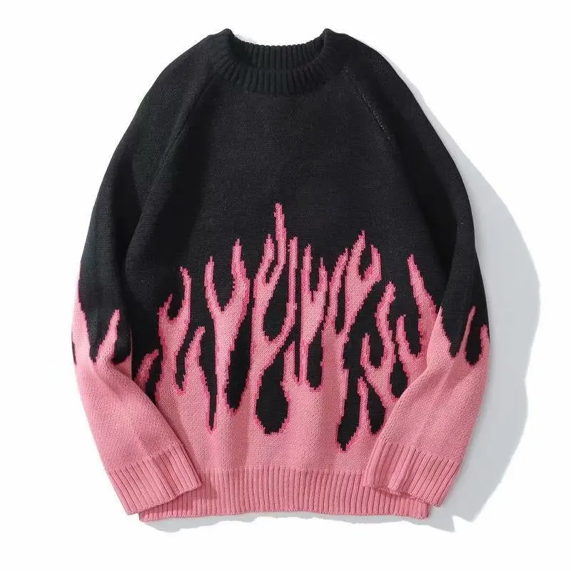 Hip Hop Mens Streetwear Harajuku Knitted Sweater Blue Fire Flame 2022 Autumn Sweater Pullover Loose HipHop Retro Vintage