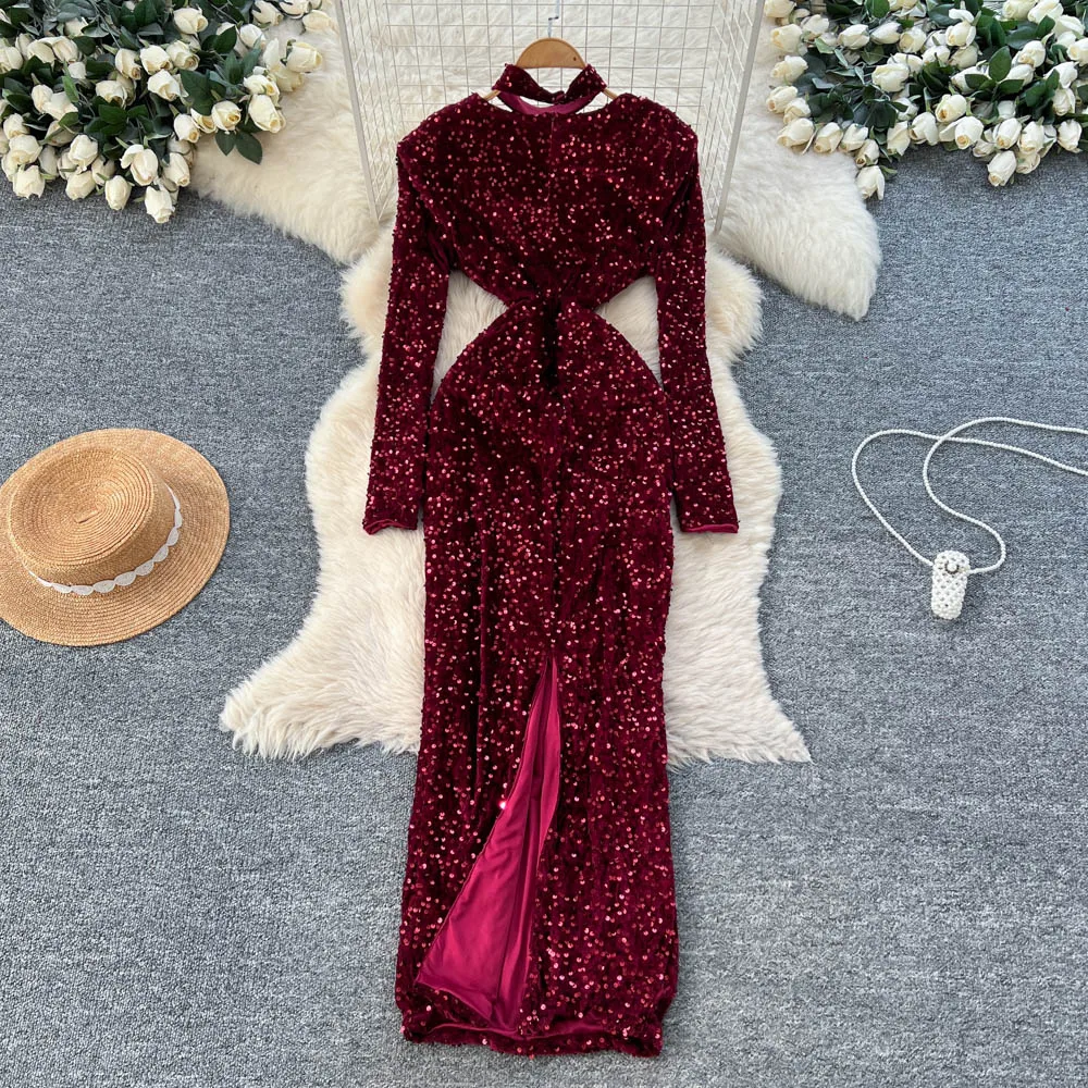 Chique vintage halter veludo manga longa elegante fada coreano moda vestido de verão roupas femininas vestido longo